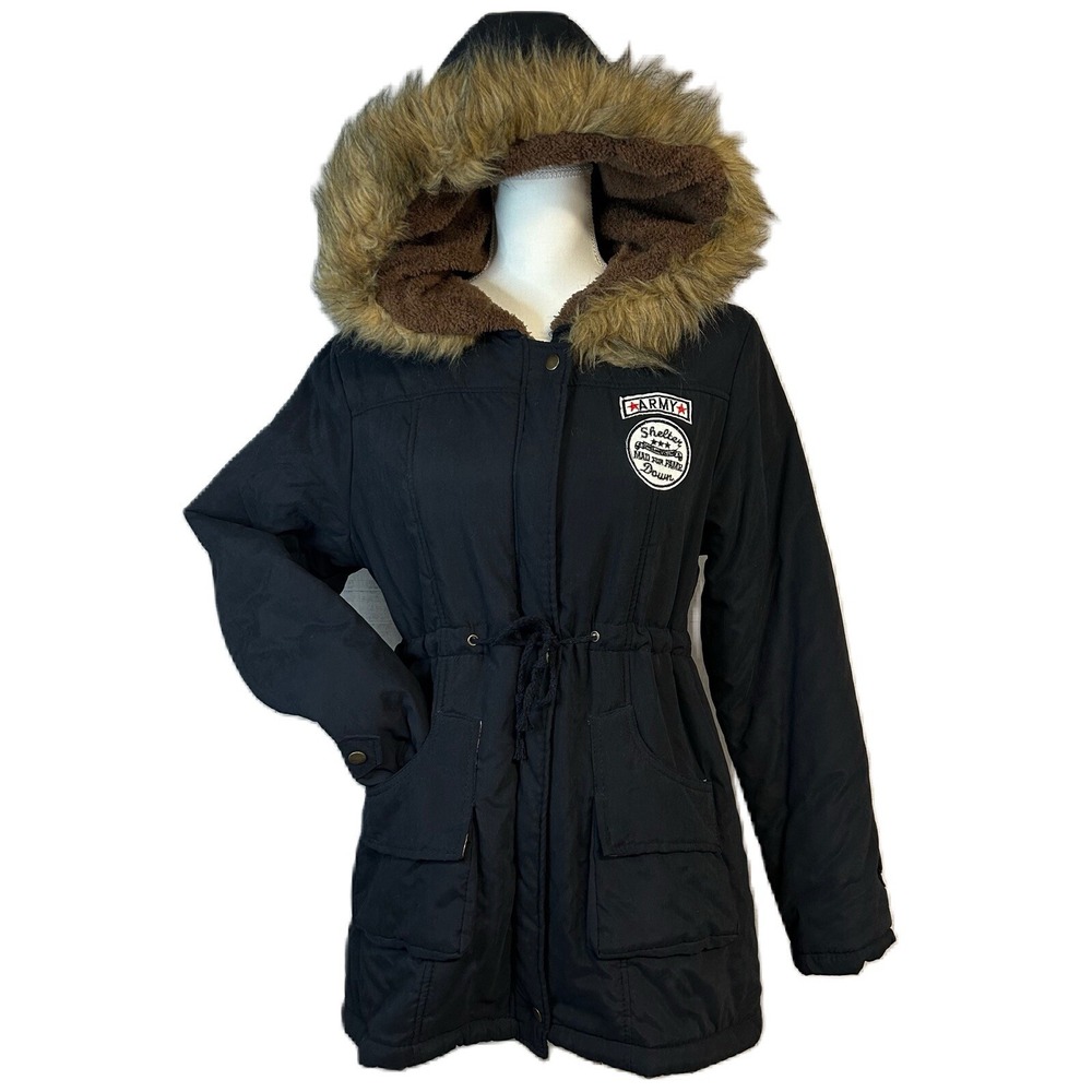 Z & I  Women Faux Fur Parka Coat Size XL Juniors Hooded Black Y2k Winter Utility